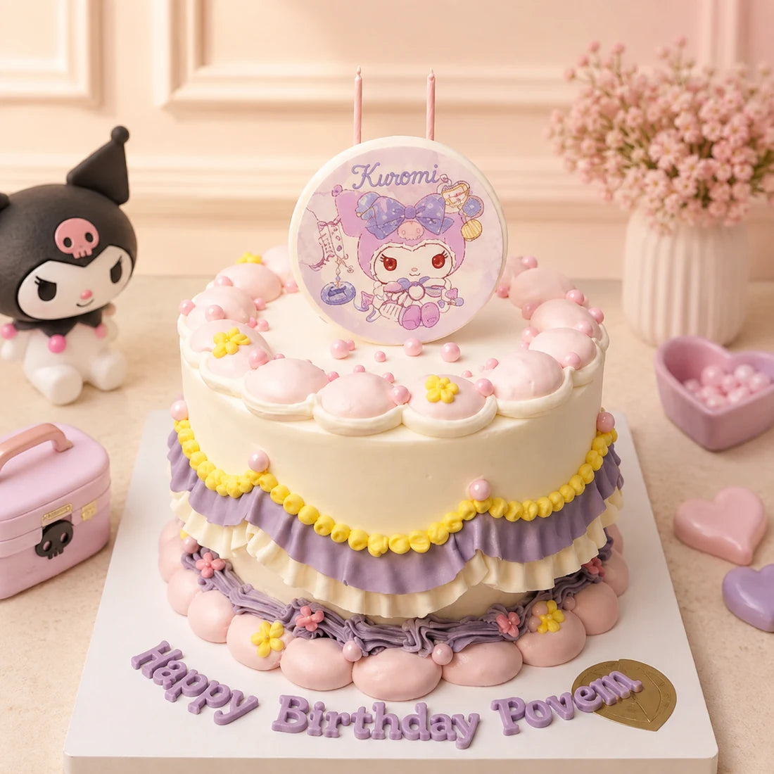 Pembe Mor Kuromi Temalı Mesajlı Doğum Günü Pastası