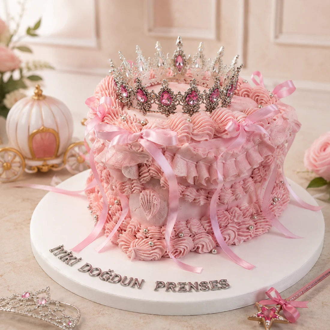 Pembe Taçlı Prenses Temalı Mesajlı Doğum Günü Pastası