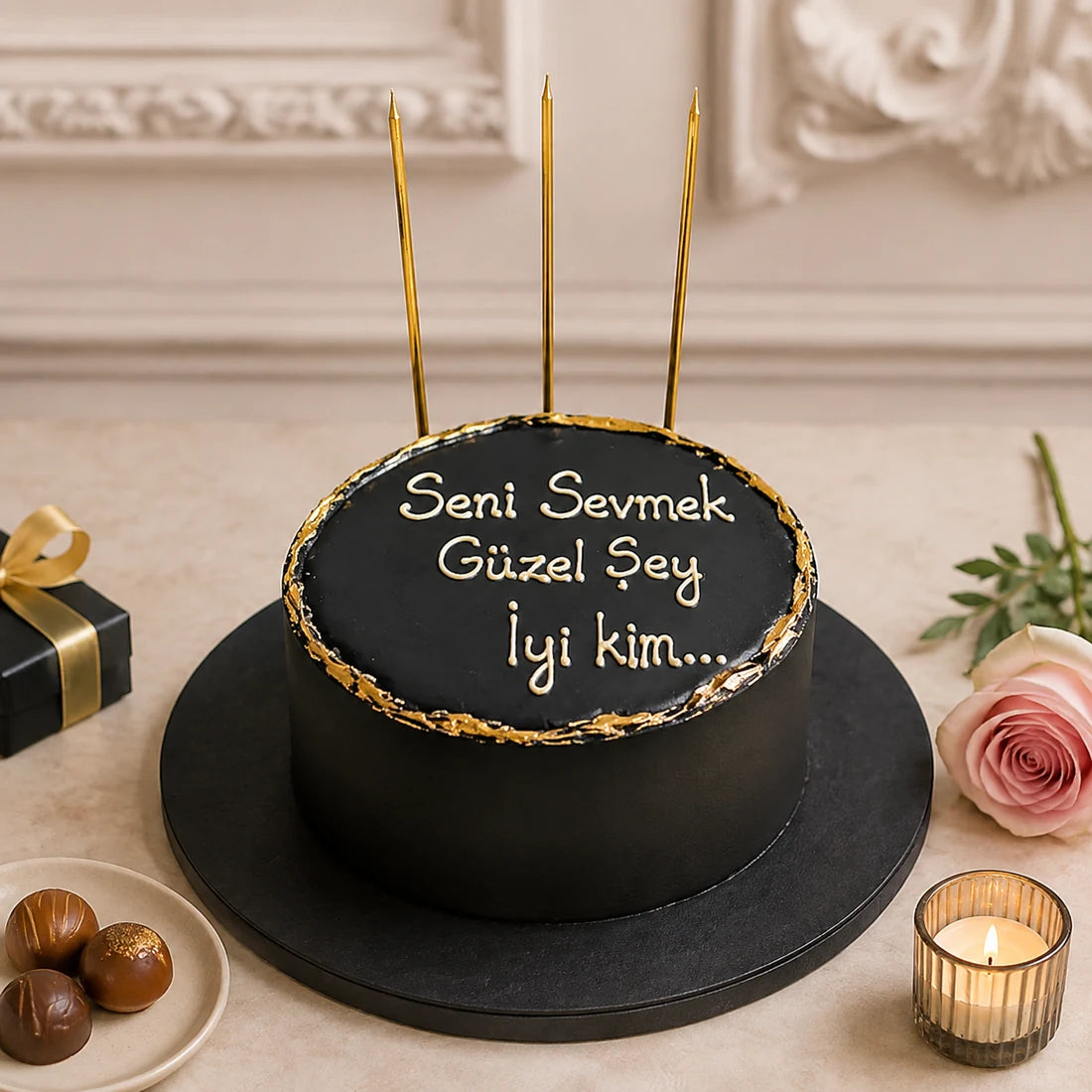 Siyah Altın Seni Sevmek Güzel Şey Mesajlı Pasta