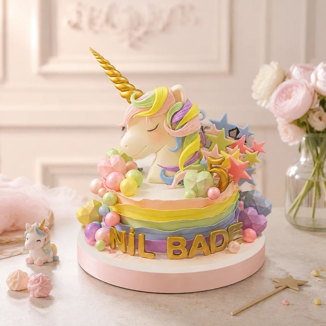 Unicorn ve Pastel Dalgalar Pasta