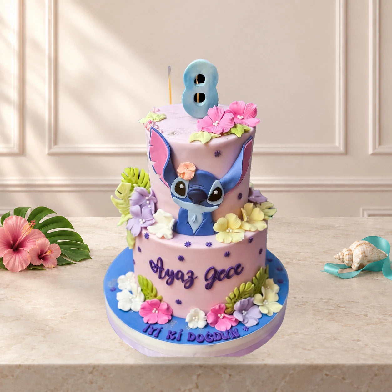 Stitch ve Soft Çiçekler Pasta