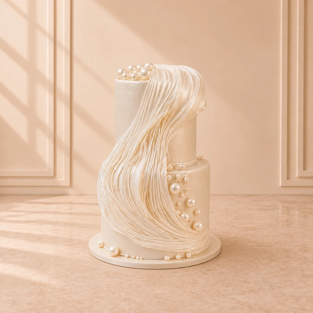 İncili ve Gofret Kağıtlı Beyaz Düğün Pastası